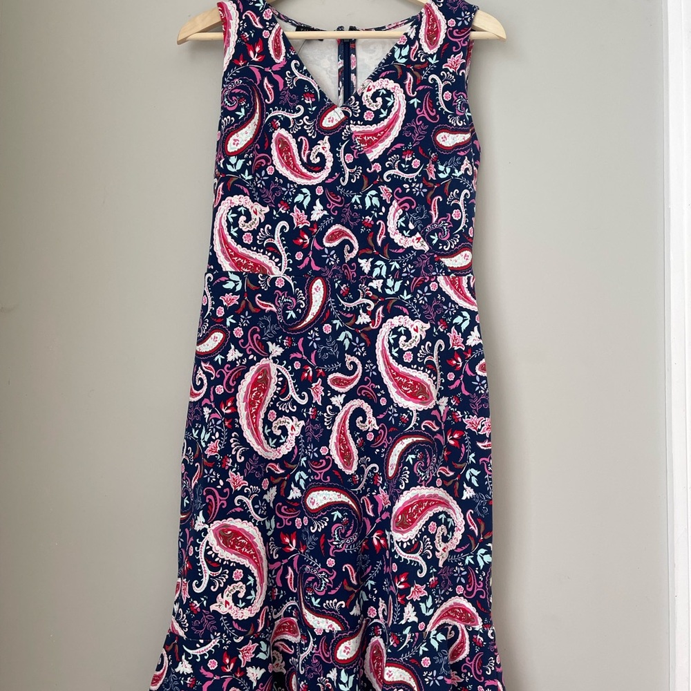 Talbots NWT! Navy Blue Paisley Bottom Ruffle Dress Small
